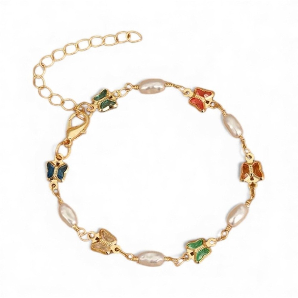 Gold Tone Butterfly Pearl Bracelet Colorful Enamel‎ Charm Chain Jewelry